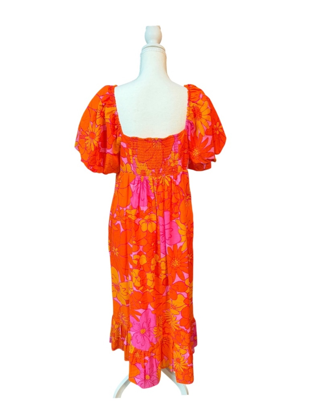J. Marie Orange Pink Floral Puff Sleeve Midi Dress L NWT $150 - Picture 2 of 7